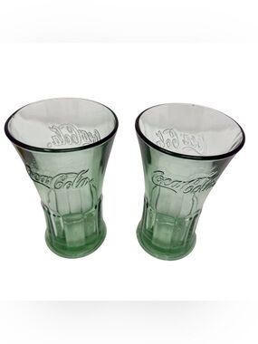 2 Vintage Libbey green tinted glass Coca-Cola flared embossed tumbler 16oz